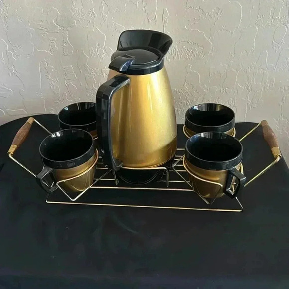VTG MCM Thermo Serv Insulated Coffee Carafe, 4 mugs, and serving tray. Nice - Picture 1 of 6